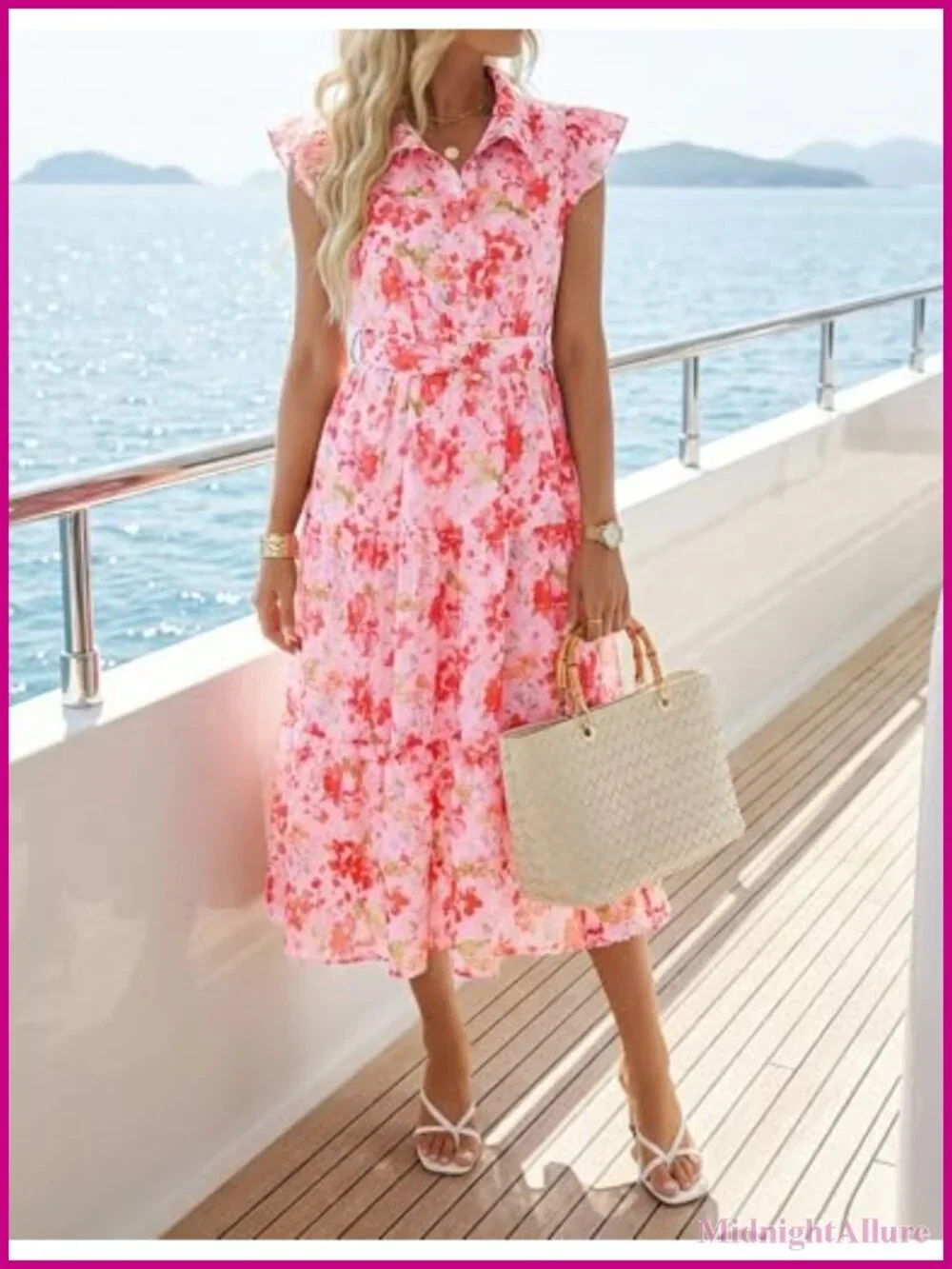 Floral Midi Dress Flutter Short Sleeve Button Down Chiffon Wedding Guest